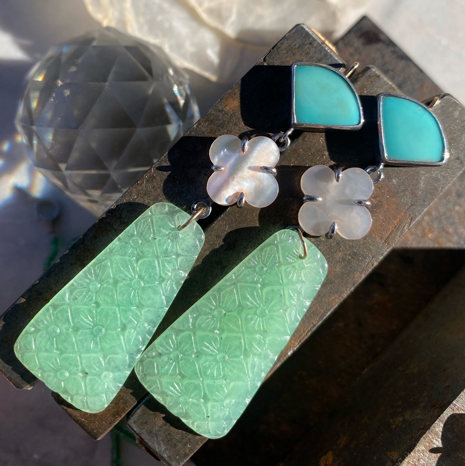 Triangular Campitos Turquoise, Mother of Pearl, and Carved Jade Earrings