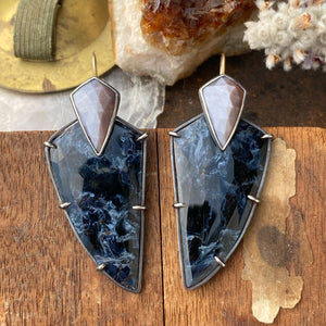 Convertible Pietersite and Peach Moonstone Earrings