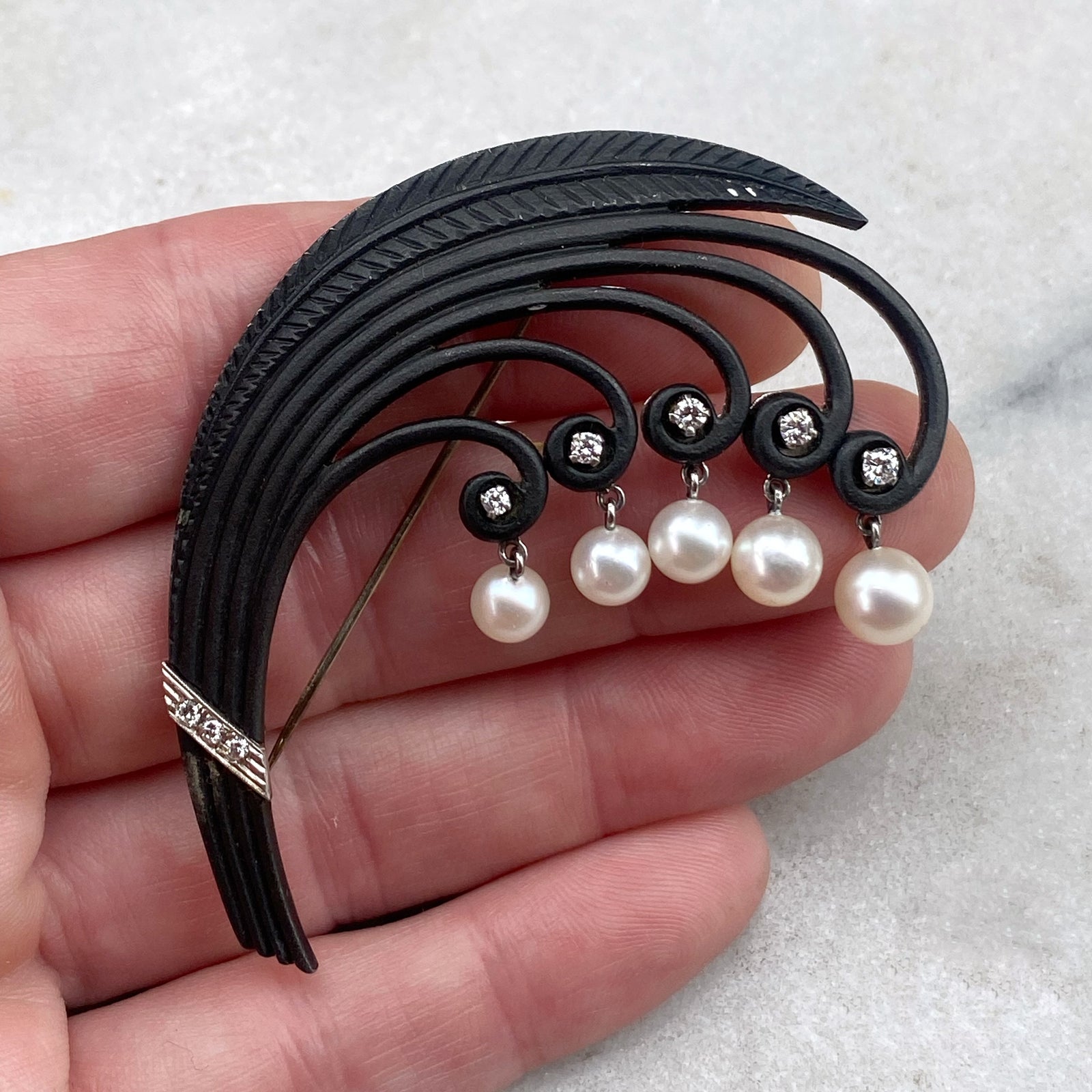 Marsh & Co. c. 1930s Blackened Steel, White Gold, and Cultured Pearl Lily of the Valley Brooch