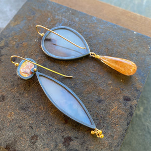 Dendritic Agate, Sunstone, and Golden Rutilated Quartz Earrings