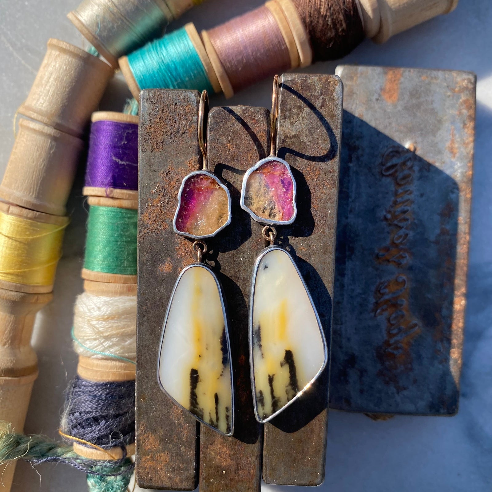Multicolor Tourmaline and Montana Agate Earrings
