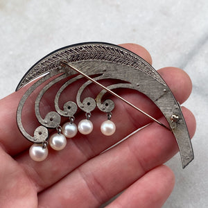 Marsh & Co. 1930s Blackened Steel, White Gold, and Cultured Pearl Lily of the Valley Brooch