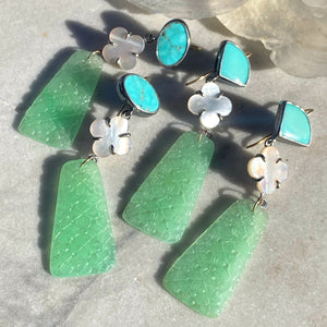 Oval Campitos Turquoise, Mother of Pearl, and Carved Jade Earrings