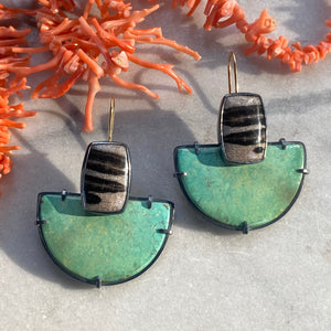 Convertible Turquoise and Petrified Oak Wood Earrings