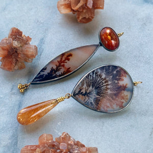 Dendritic Agate, Sunstone, and Golden Rutilated Quartz Earrings