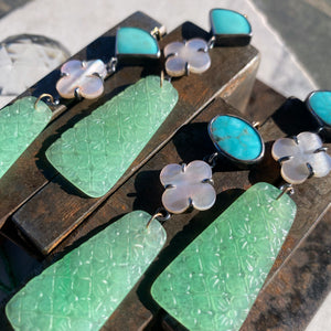 Oval Campitos Turquoise, Mother of Pearl, and Carved Jade Earrings
