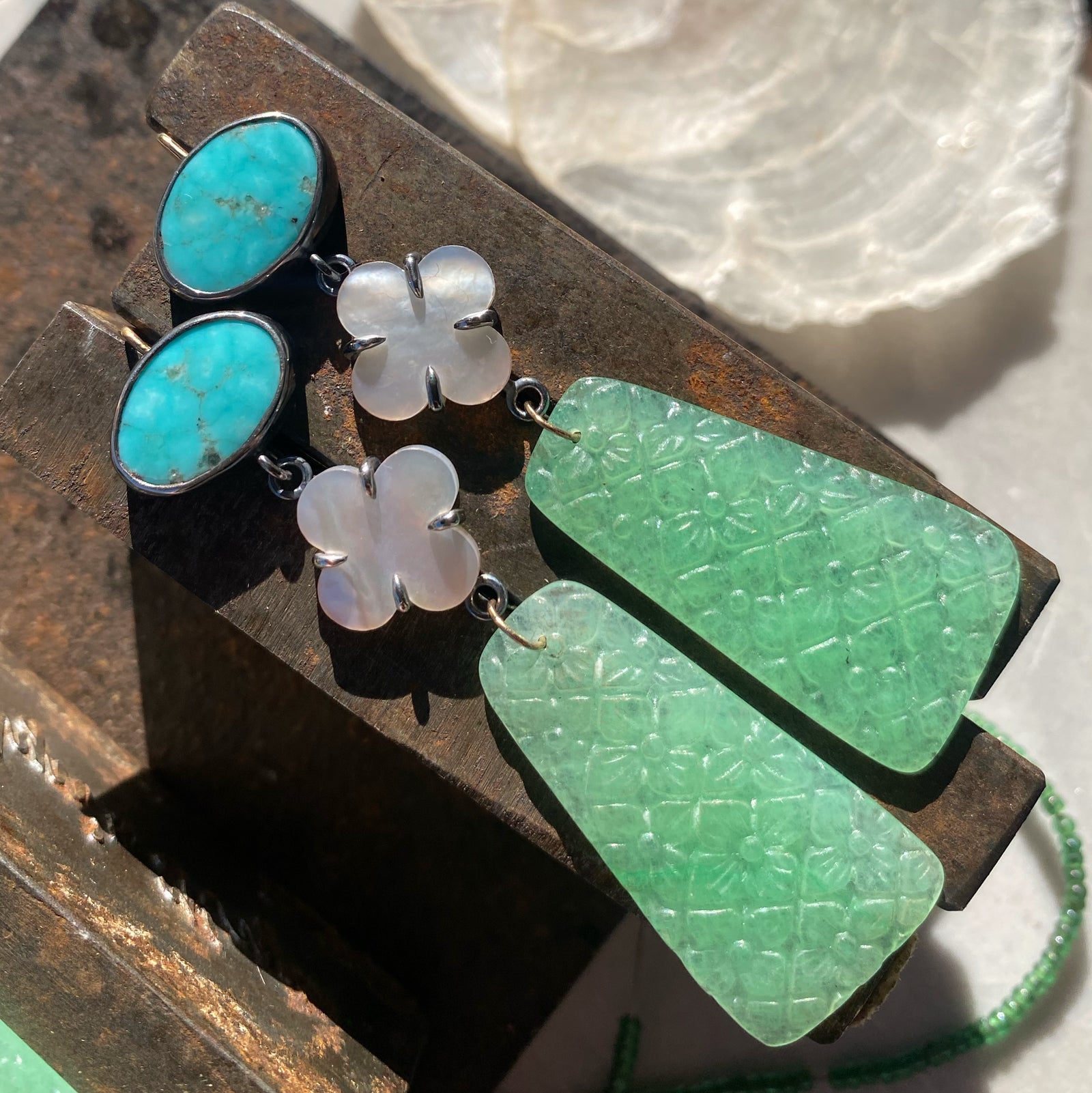 Oval Campitos Turquoise, Mother of Pearl, and Carved Jade Earrings