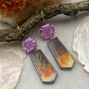Raspberry Sheen Sapphire and Dendritic Agate Earrings