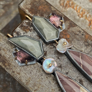 Willow Creek Jasper Earrings with Chatoyant Grey Quartz, Lavender Spinel, and Keshi Pearl