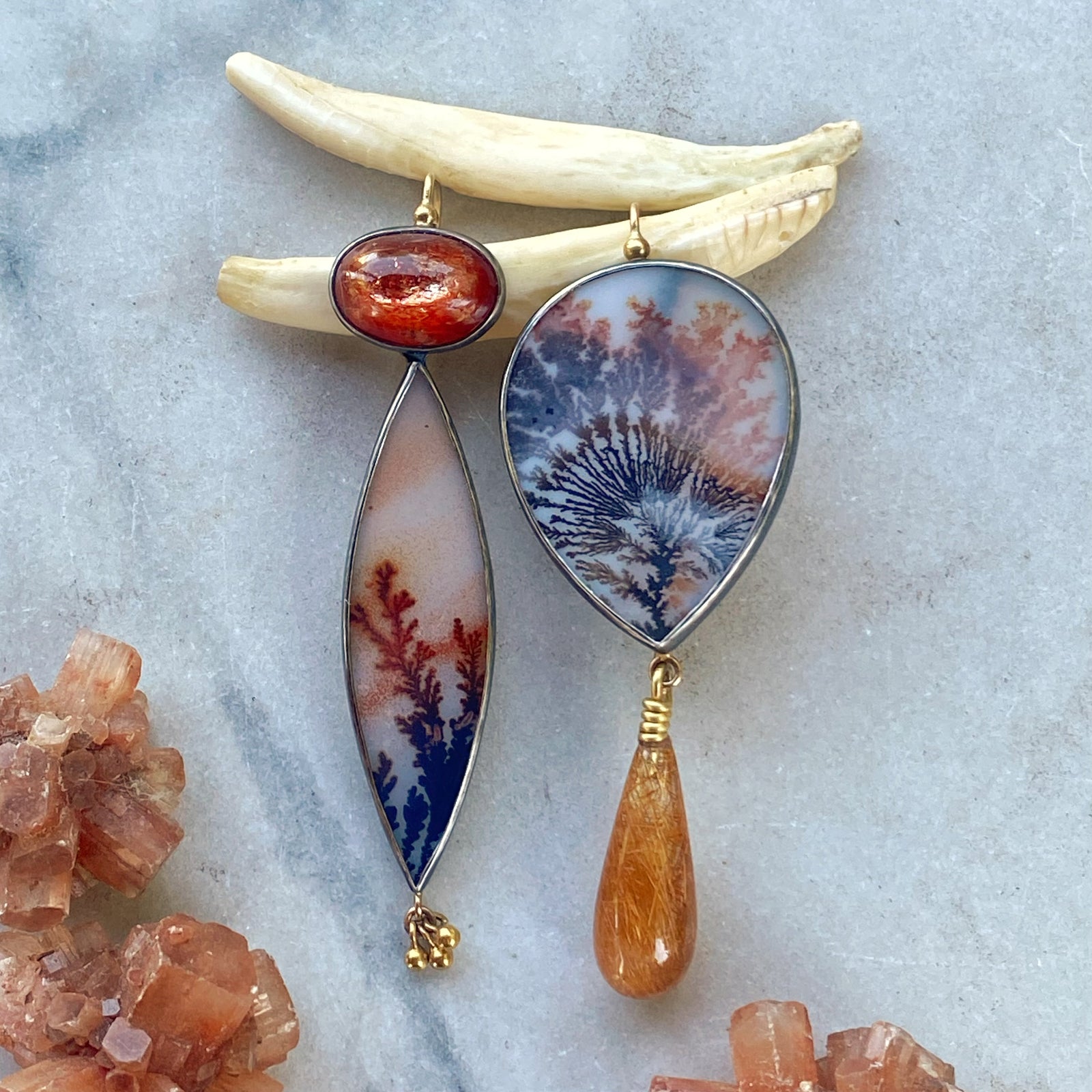 Dendritic Agate, Sunstone, and Golden Rutilated Quartz Earrings