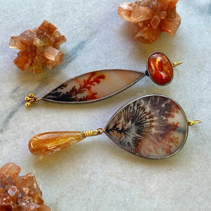 Dendritic Agate, Sunstone, and Golden Rutilated Quartz Earrings