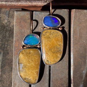 Opal and Golden Rutilated Quartz Earrings