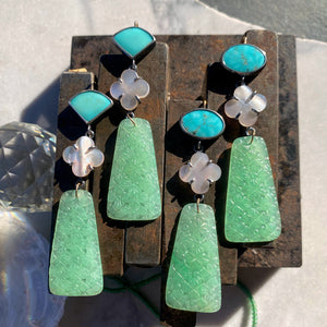 Triangular Campitos Turquoise, Mother of Pearl, and Carved Jade Earrings