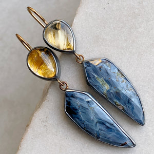 Golden Rutilated Quartz and Pietersite Earrings