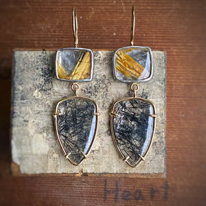 Black Tourmalinated Quartz and Golden Rutilated Quartz Earrings