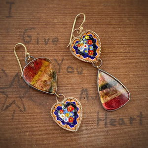 Liddicoatite Tourmaline and Antique Mosaic Heart Earrings