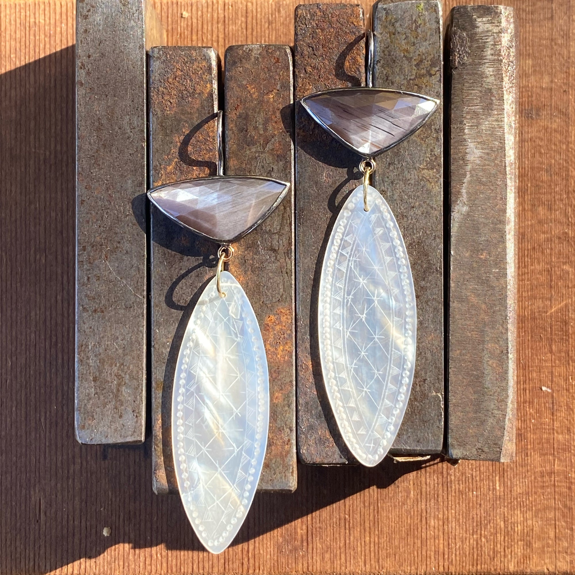 Peach Moonstone and Antique Mother of Pearl Chinese Gaming Token Earrings