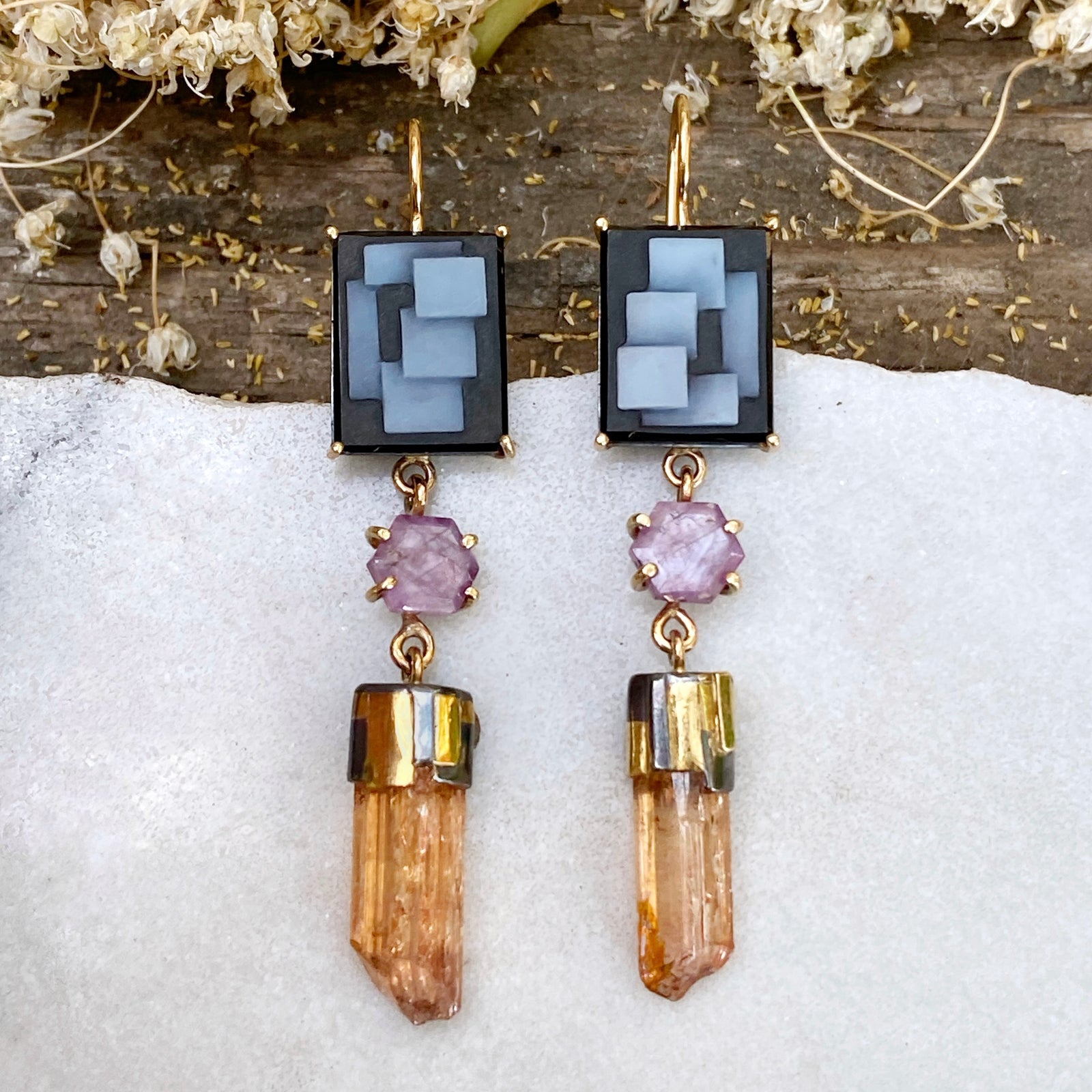 Art Deco Graphic Cameo Earrings with Ruby Record Keepers and Raw Imperial Topaz Crystals