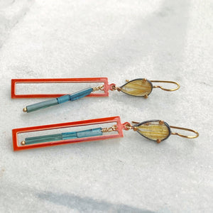Golden Rutilated Quartz Earrings with Vintage Enamel and Tourmaline