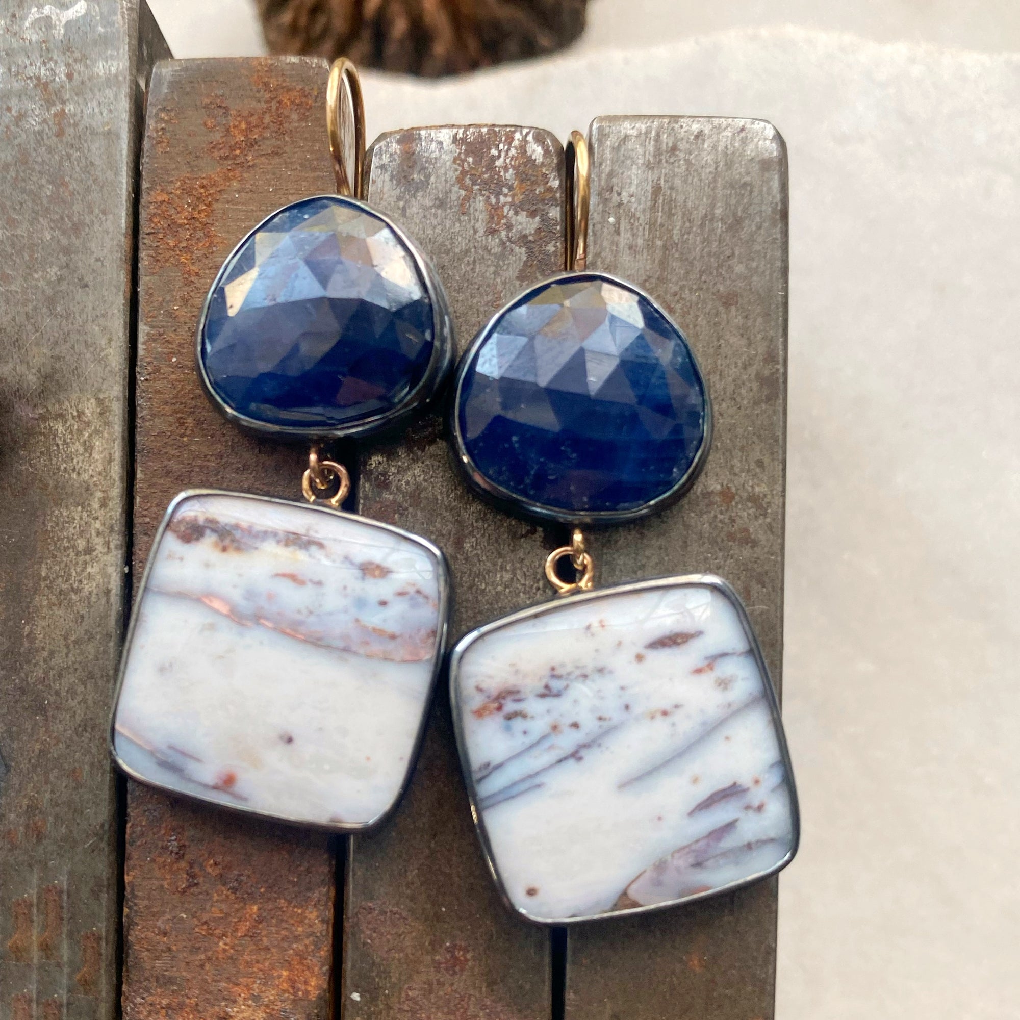 Sapphire Earrings with Copper in Petrified Wood