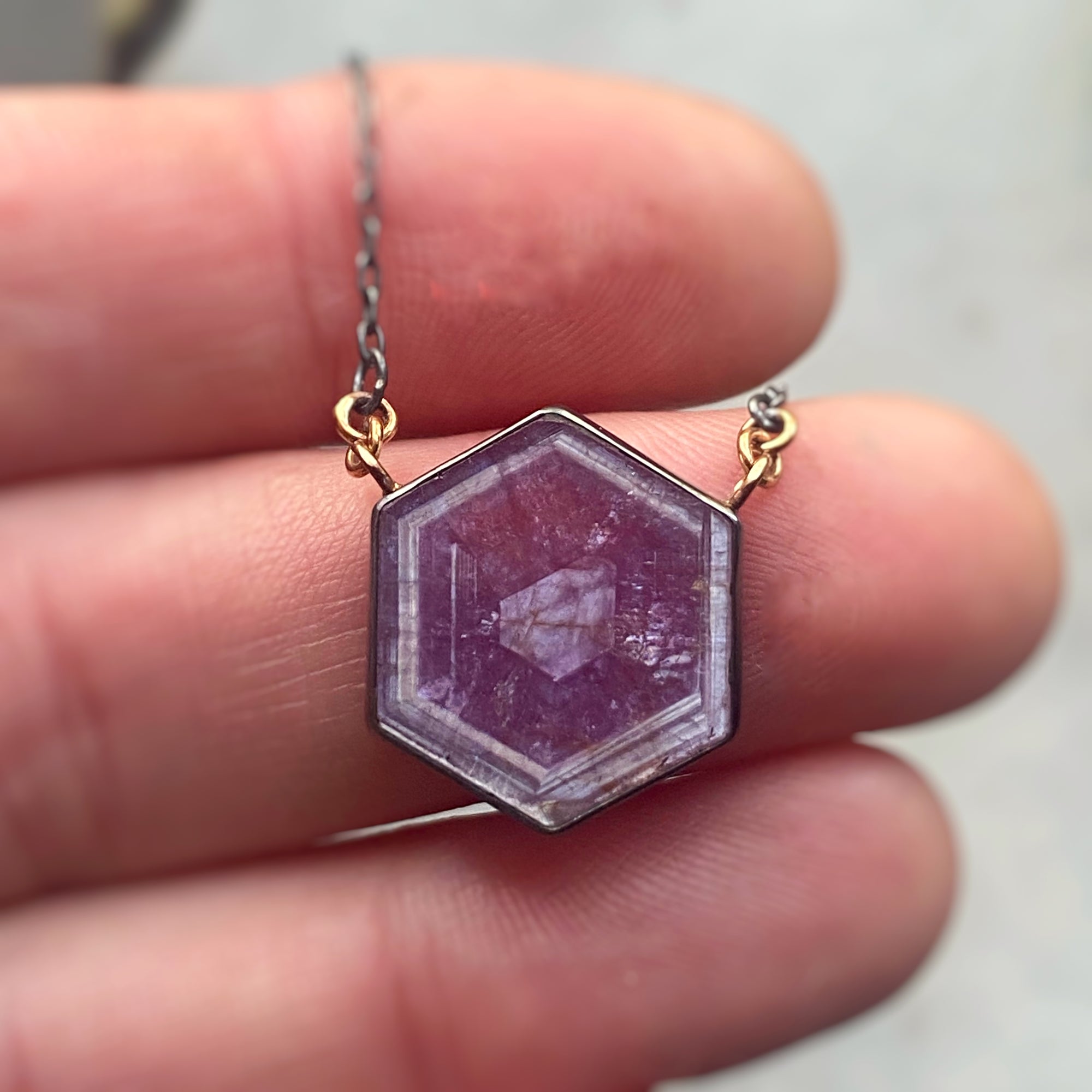 Raspberry Sheen Sapphire Hexagon Necklace