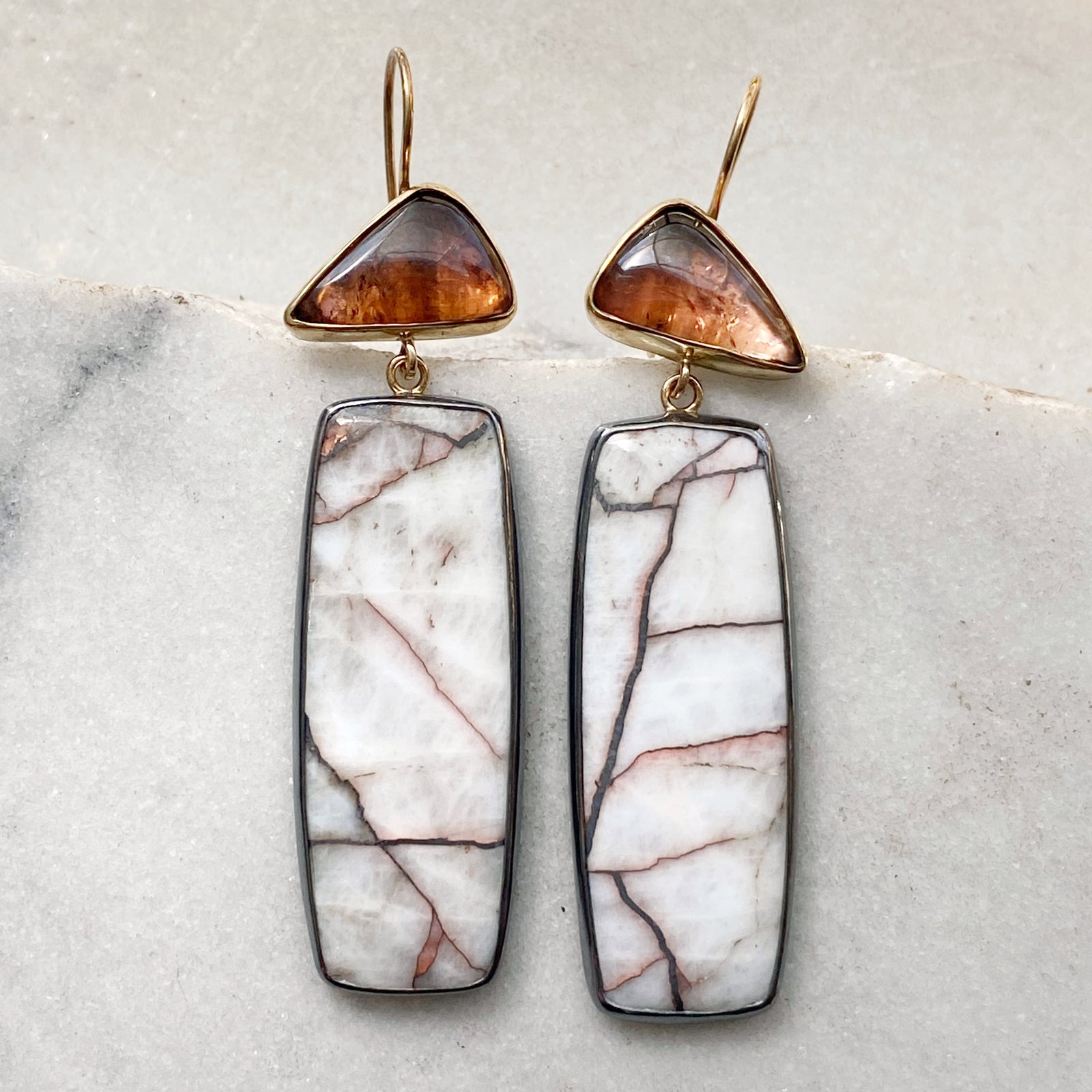 Ombré Peach Tourmaline and Copper in Quartz Earrings