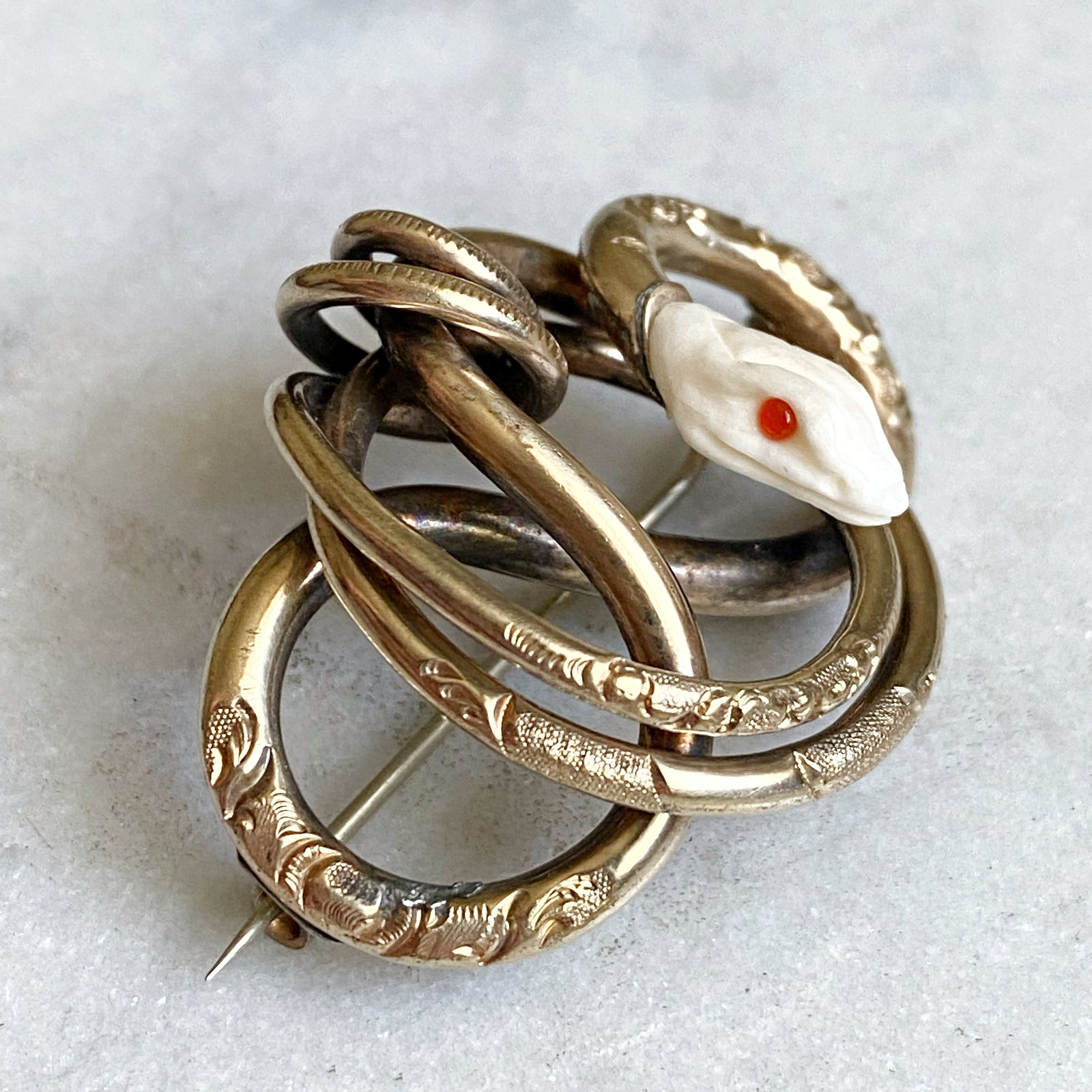 9K Antique Lover’s Knot Brooch with Hand-carved Snake’s Head