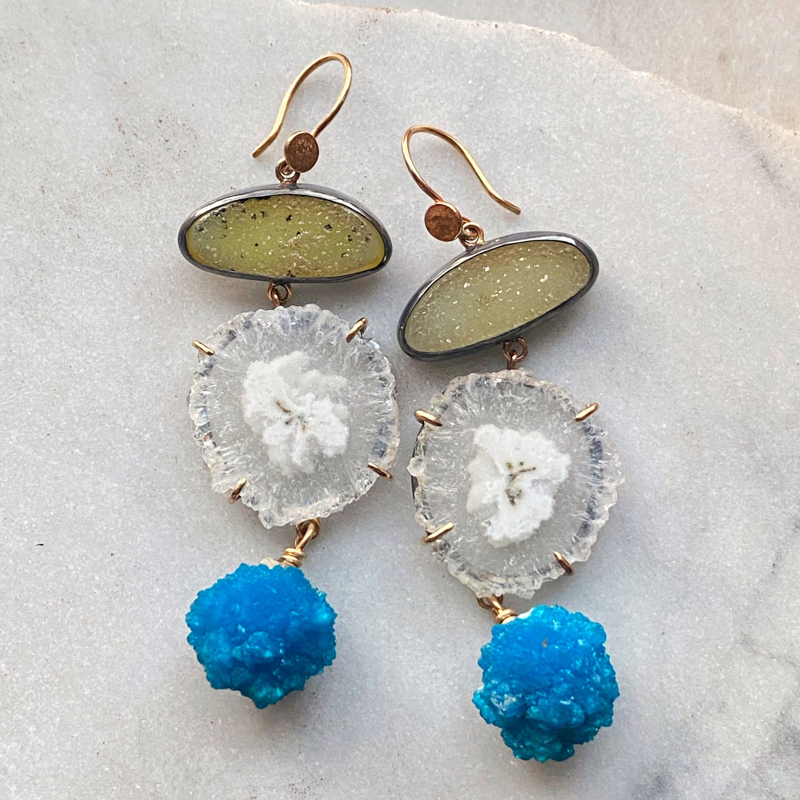 Drusy, Agate, and Cavansite Earrings
