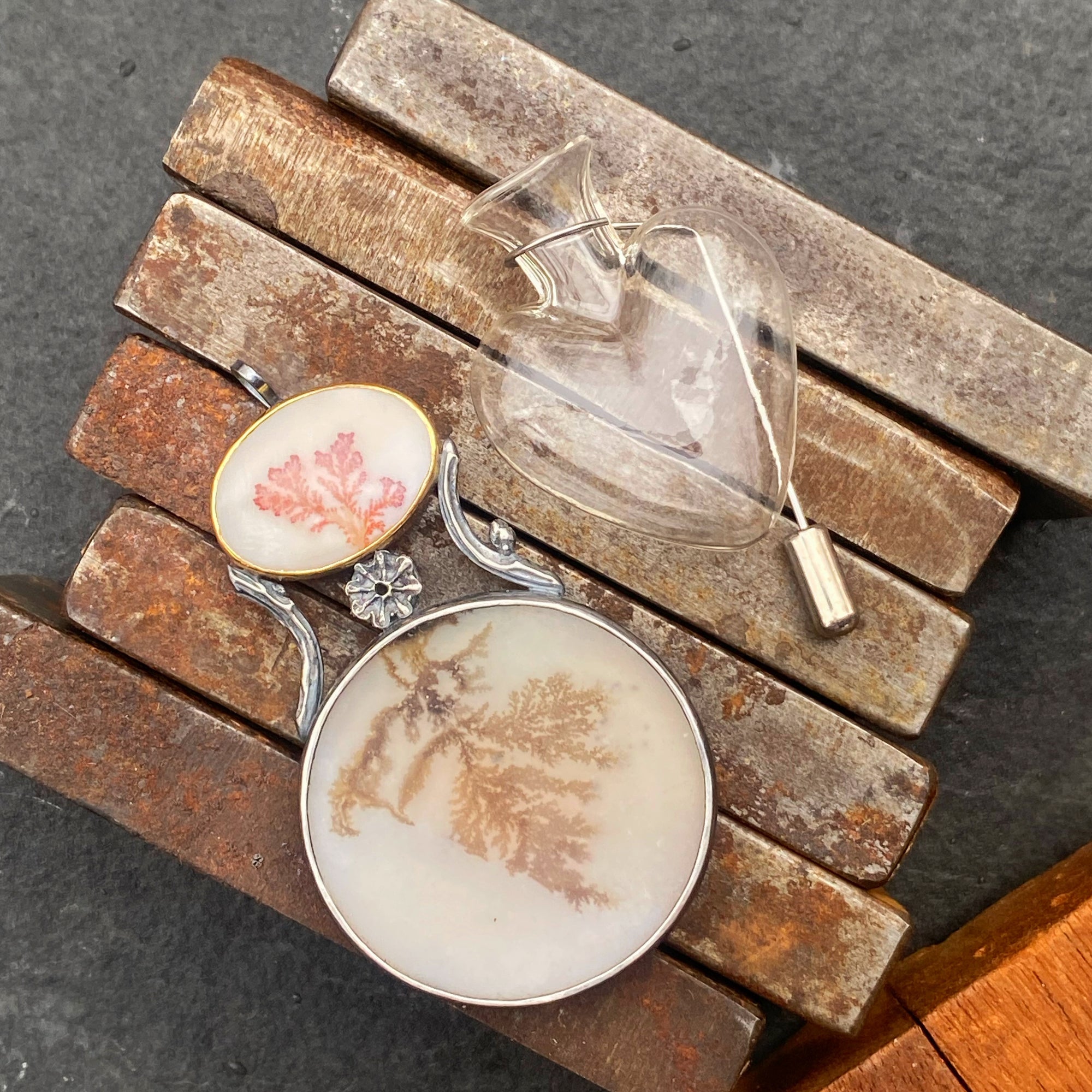 Convertible Pendant/Brooch with Dendritic Agate and Antique Heart-Shaped Glass Posey Vase