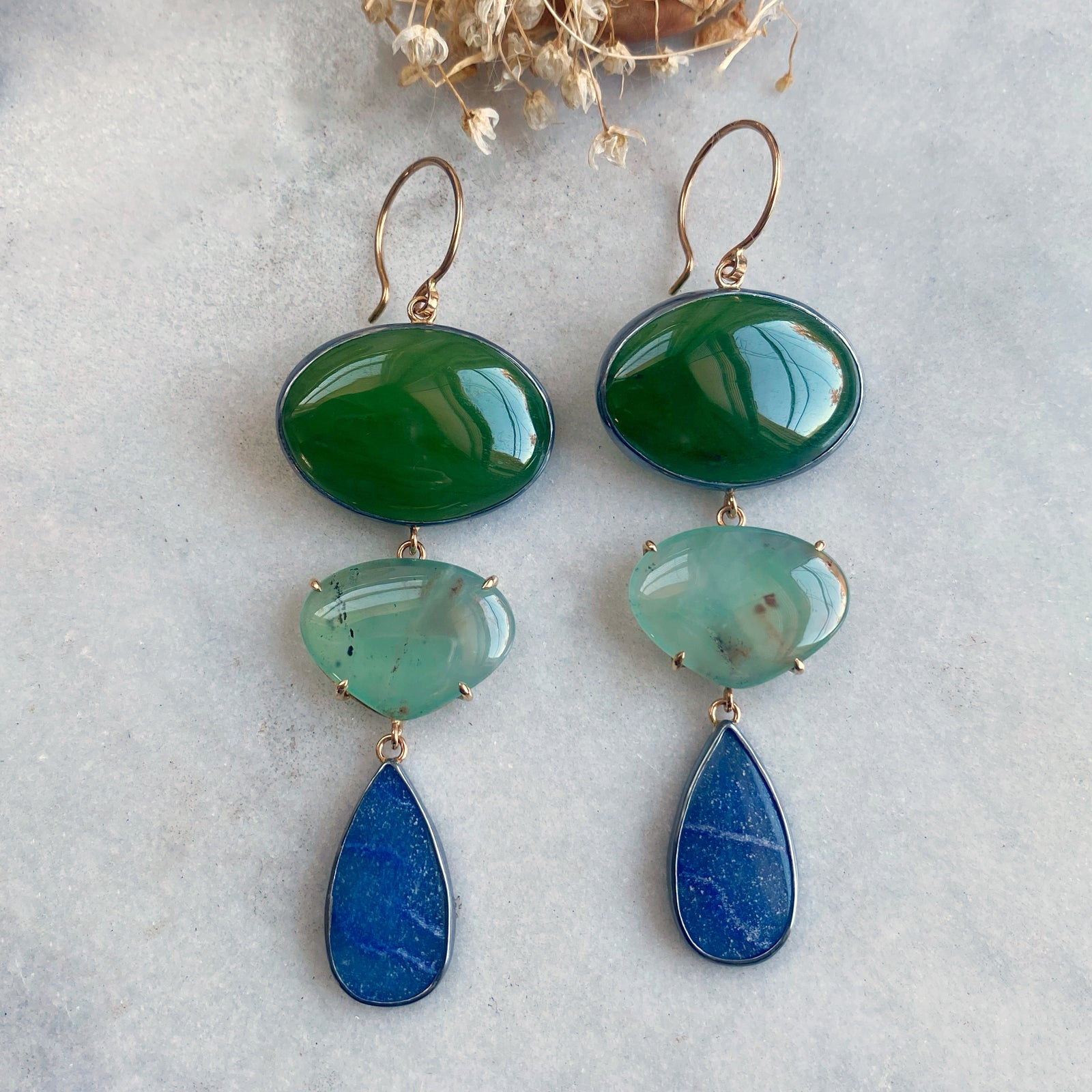 Jade, Aquaprase, and Dumortierite Earrings