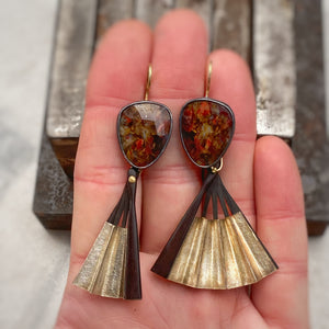 Red Pietersite Earrings with Detachable Vintage Wood and Paper Fans