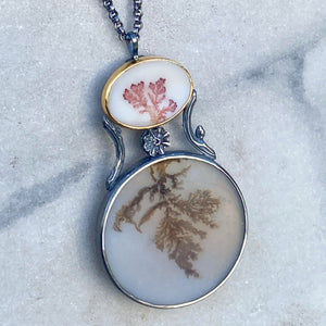 Convertible Pendant/Brooch with Dendritic Agate and Antique Heart-Shaped Glass Posey Vase