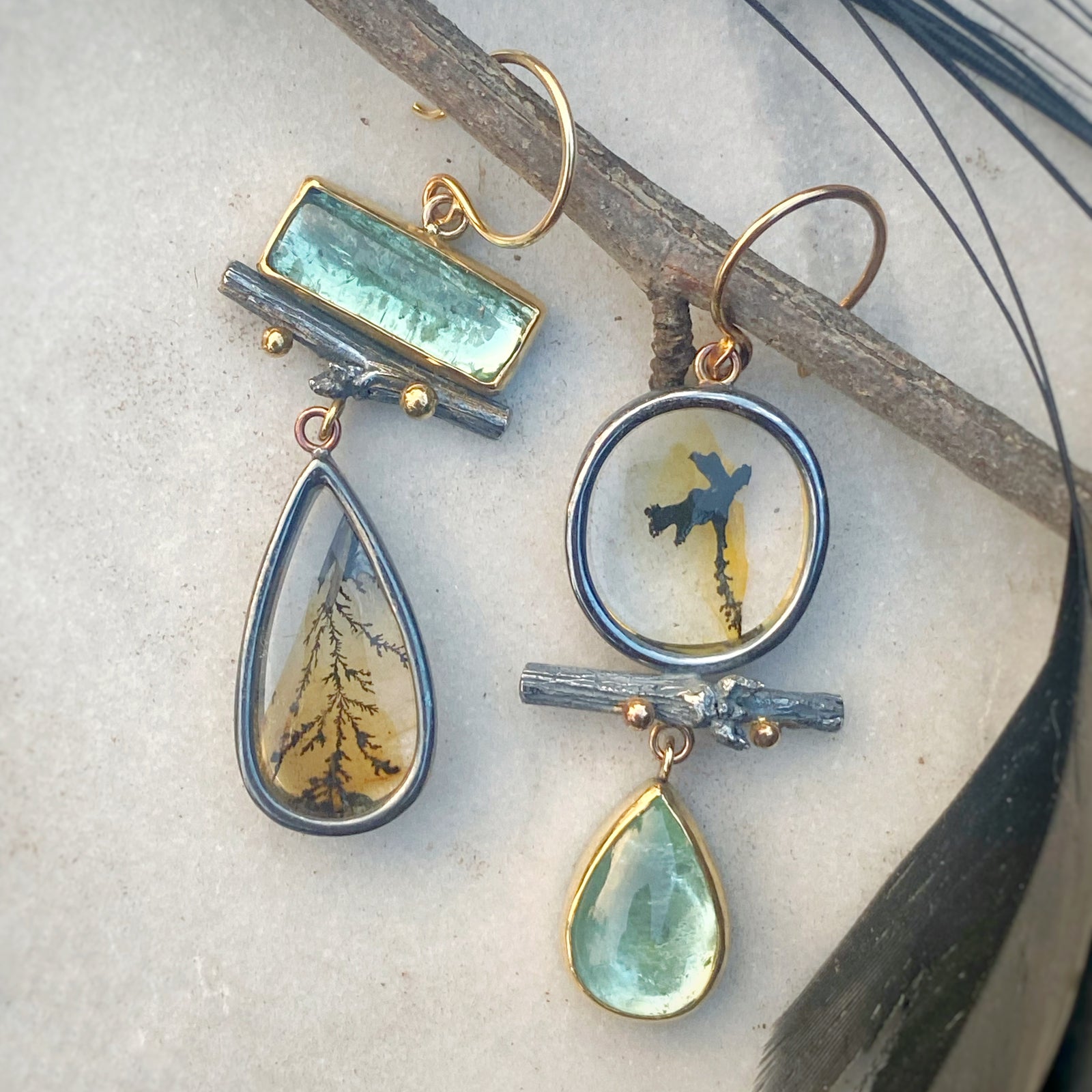 Dendritic Quartz and Seafoam Tourmaline Earrings with Twigs
