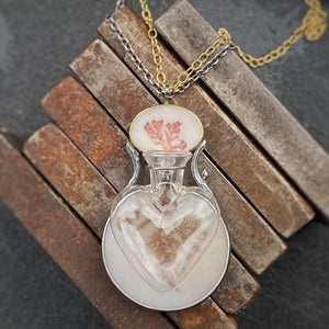 Convertible Pendant/Brooch with Dendritic Agate and Antique Heart-Shaped Glass Posey Vase
