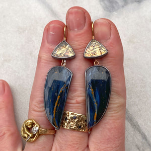 Pietersite and Black Rutilated Quartz Earrings with Keum Boo