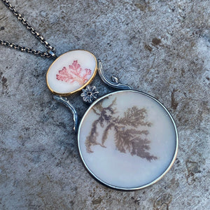Convertible Pendant/Brooch with Dendritic Agate and Antique Heart-Shaped Glass Posey Vase