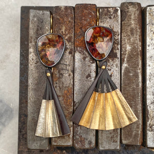 Red Pietersite Earrings with Detachable Vintage Wood and Paper Fans