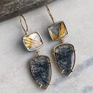 Black Tourmalinated Quartz and Golden Rutilated Quartz Earrings