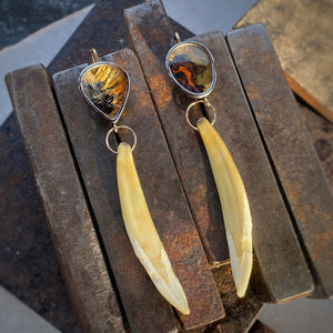 Dendritic and Golden Rutilated Quartz Earrings with Wild Boar Teeth