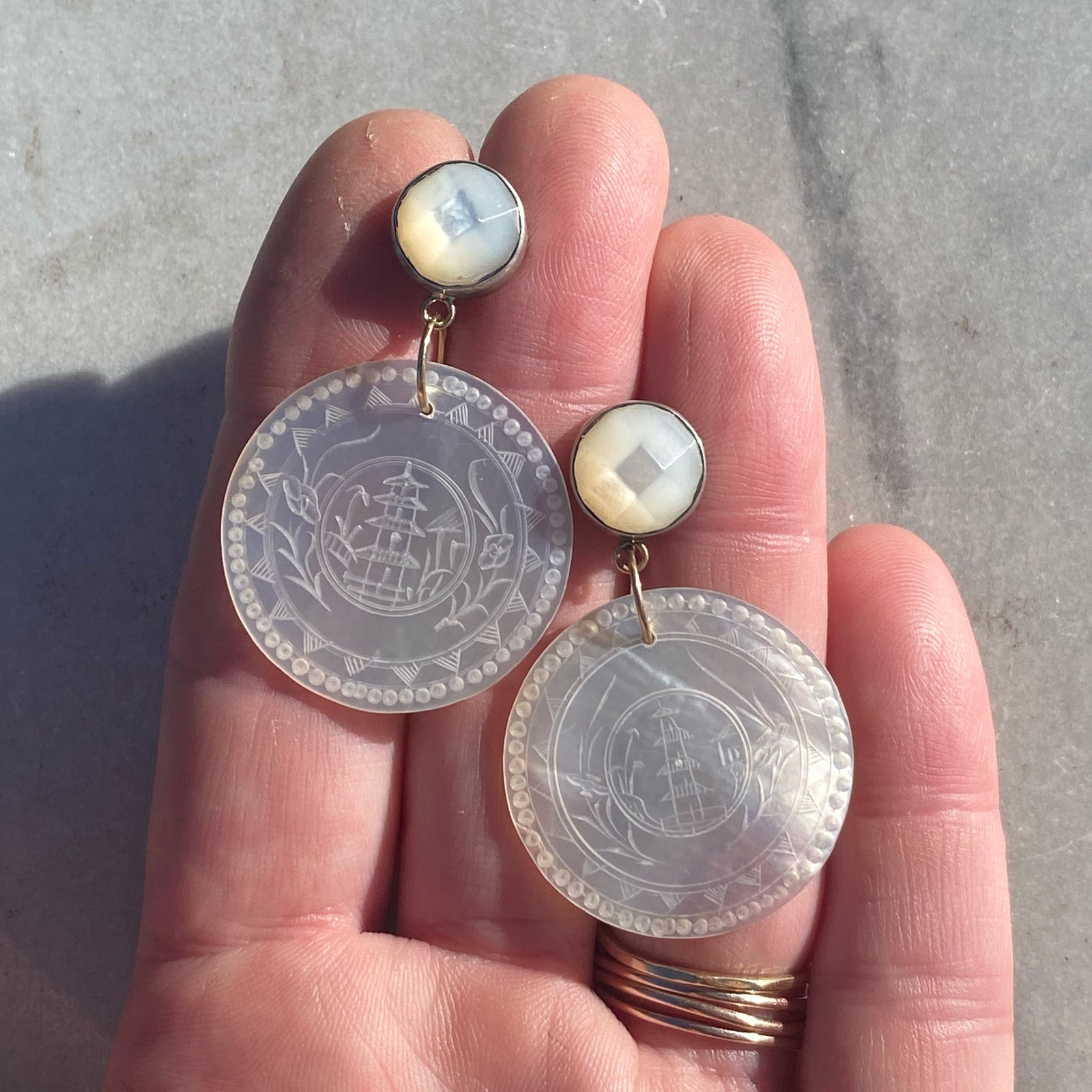 Faceted Mother of Pearl and Antique Mother of Pearl Chinese Gaming Token Earrings