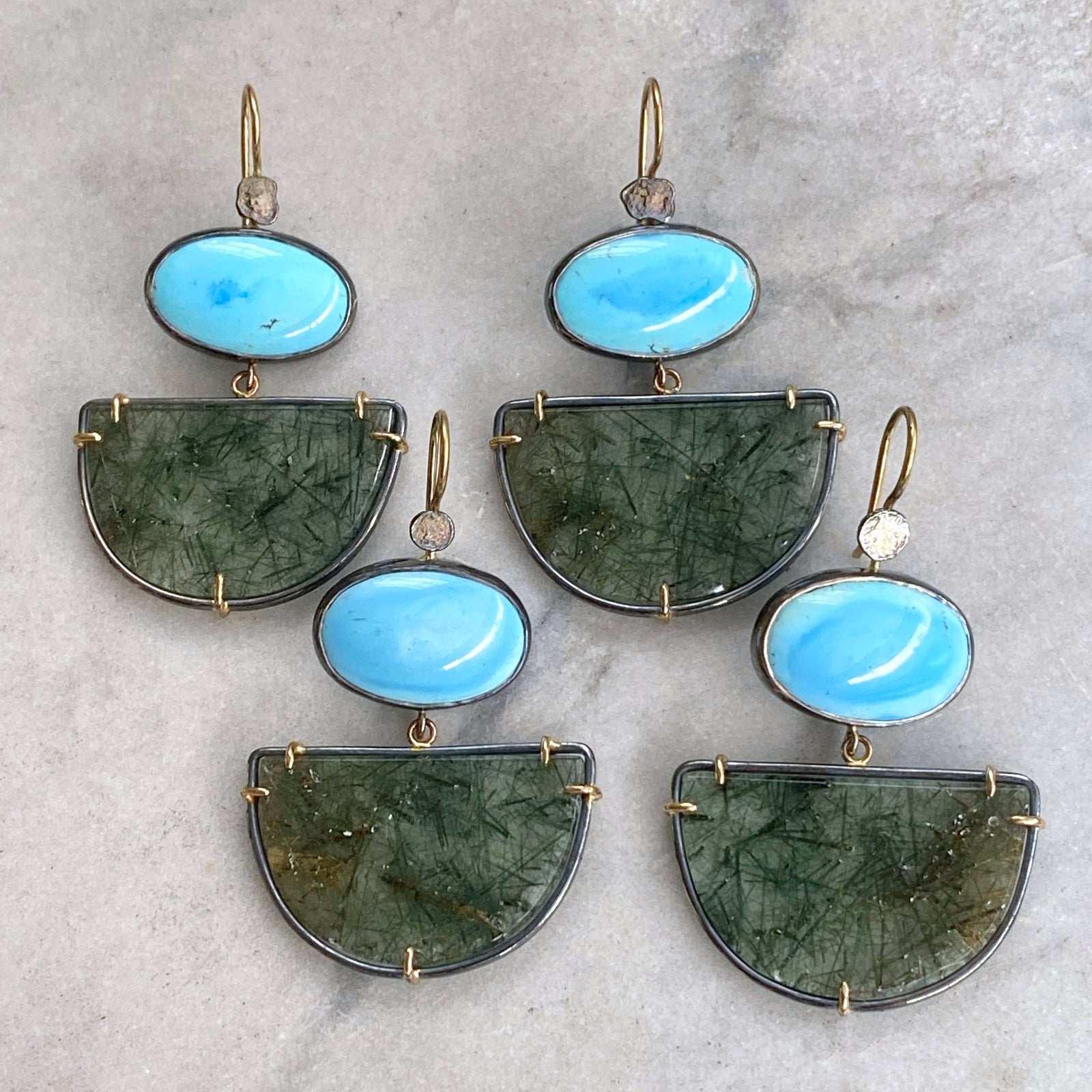 Golden Hills Turquoise and Actinolite in Quartz Earrings
