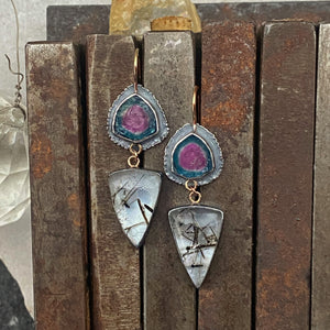 Blue/Pink Tourmaline and Black Rutilated Quartz Earrings