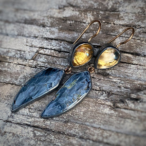 Golden Rutilated Quartz and Pietersite Earrings