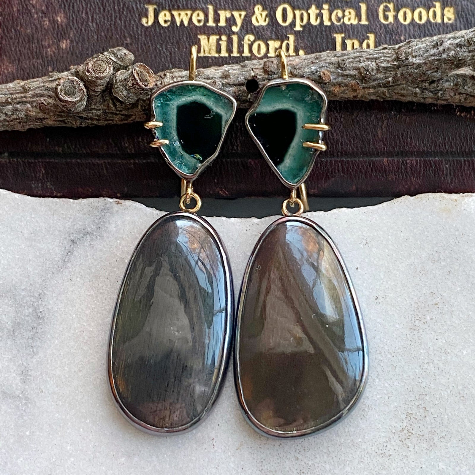 Indicolite Tourmaline and Silver Feldspar Earrings