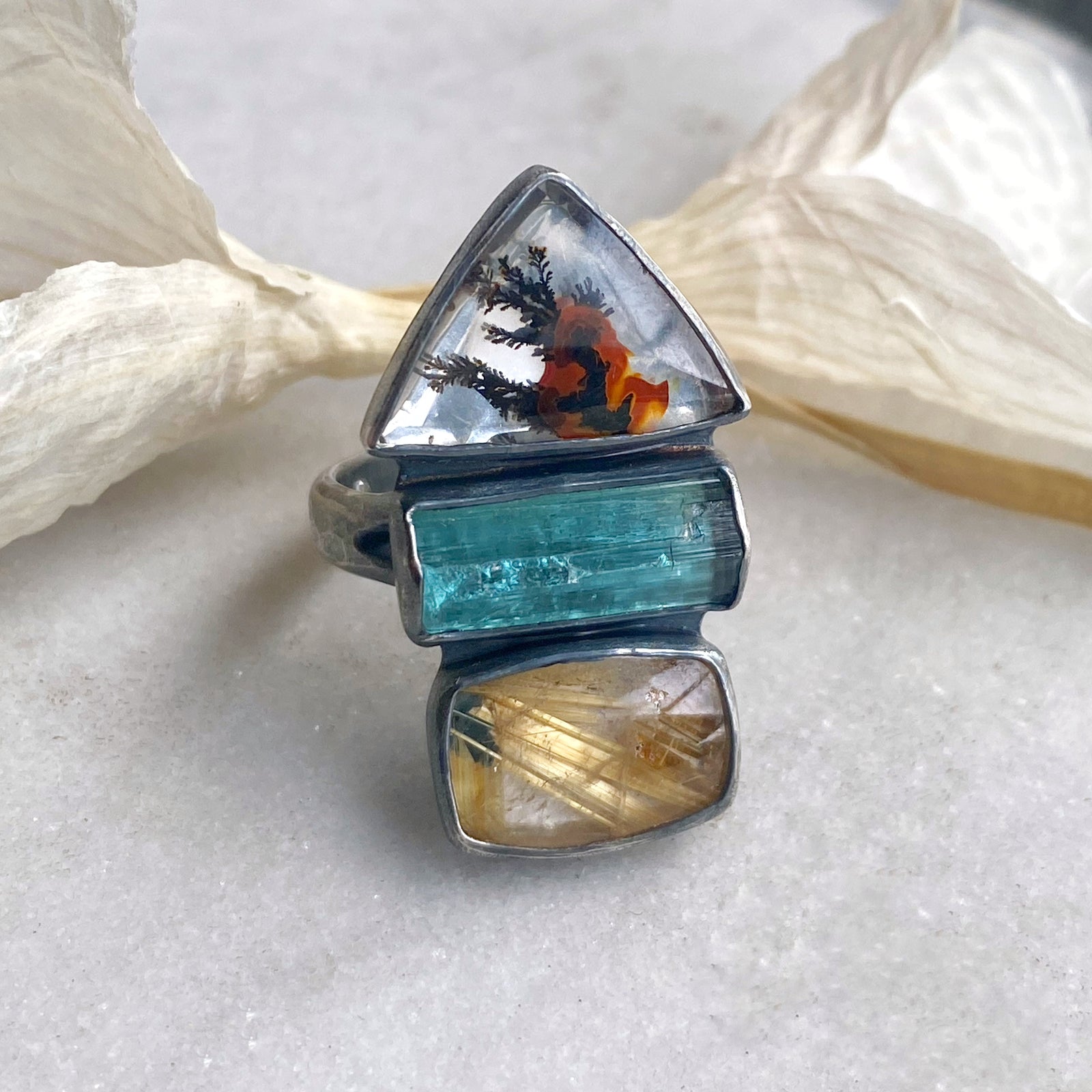 Custom Ring with Dendritic Quartz, Raw Tourmaline Crystal, Golden Rutilated Quartz, and Diamond