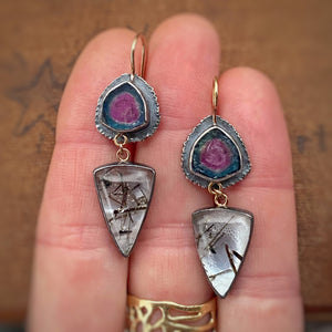 Blue/Pink Tourmaline and Black Rutilated Quartz Earrings