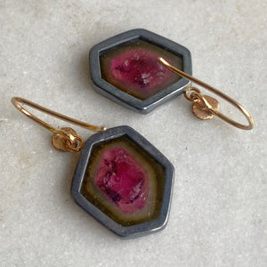 Watermelon Tourmaline Slice Earrings with Smushbob Earwires