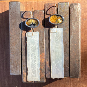 Golden Rutilated Quartz and Antique Mother of Pearl Chinese Gaming Token Earrings