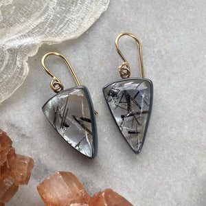Black Rutilated Quartz Earrings with Antique Chinese Mother of Pearl Gaming Tokens