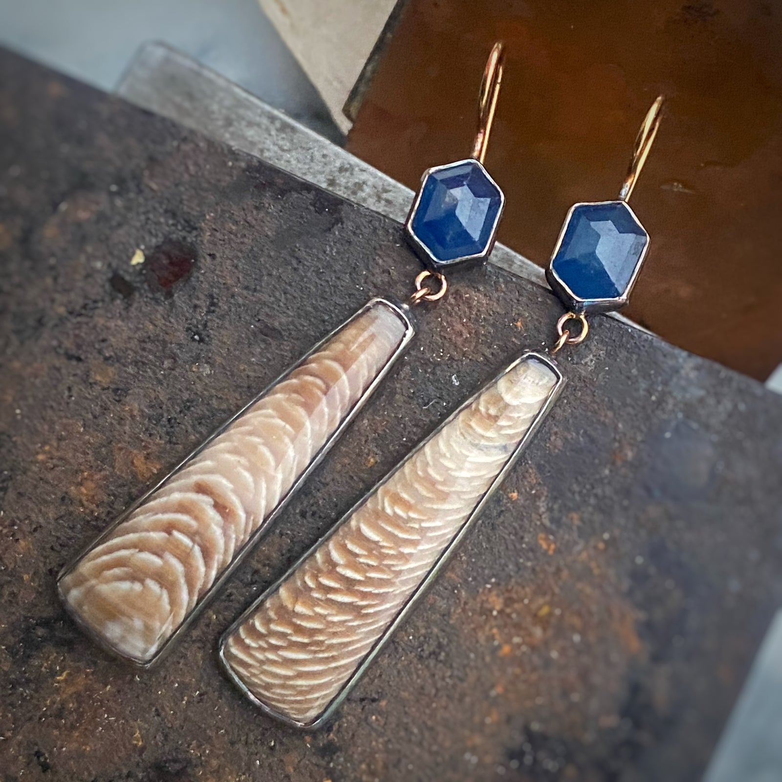 Sapphire and Petrified Oak Earrings